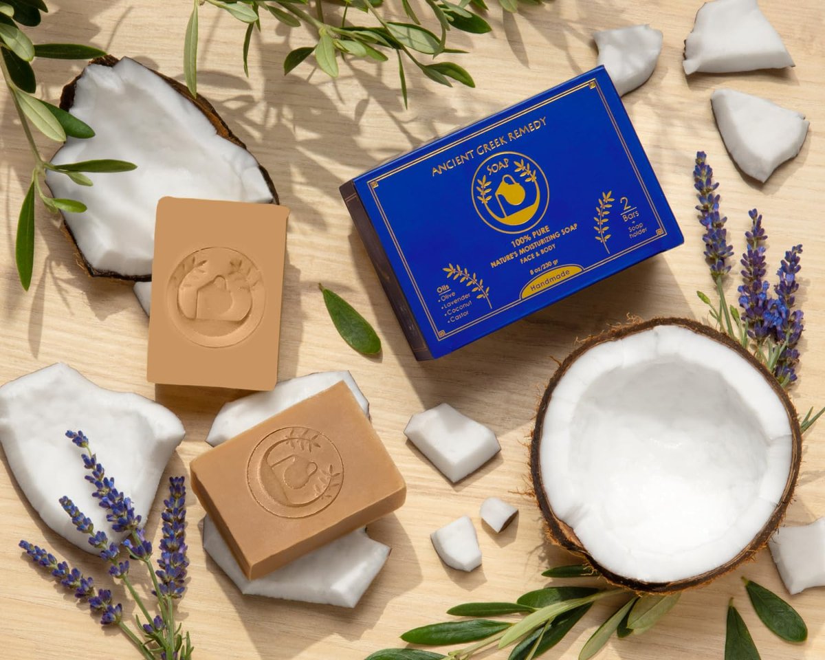 Ancient Greek Remedy Organic Face and Body Soap Bars for Dry, Normal, and Sensitive Skin - Gentle Wash Treatment for Women and Men with Soap Holder (2 Pack, Lavender) Avelisse