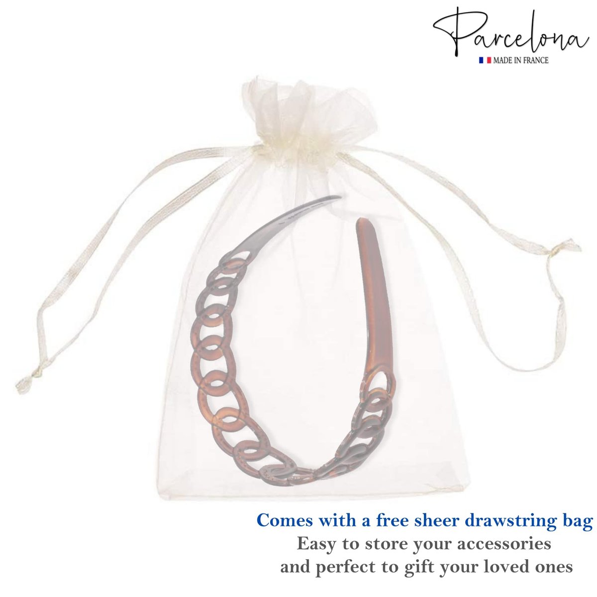 Parcelona French Round Chain Tortoise Shell Hair Clip - Brown Celluloid Acetate, No Slip, Sturdy and Durable Hair Headband for Women and Girls, Made in France - görsel 13
