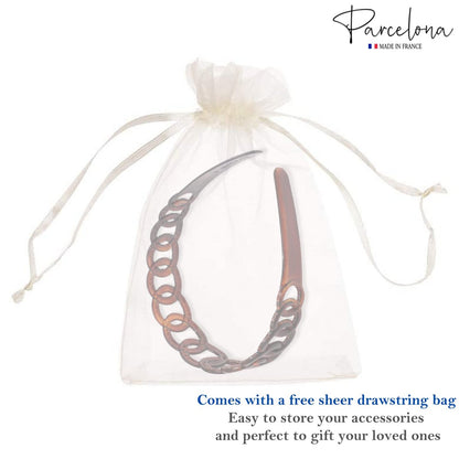 Parcelona French Round Chain Tortoise Shell Hair Clip - Brown Celluloid Acetate, No Slip, Sturdy and Durable Hair Headband for Women and Girls, Made in France