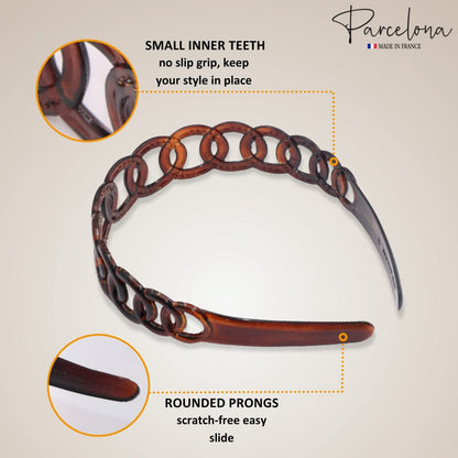 Parcelona French Round Chain Tortoise Shell Hair Clip - Brown Celluloid Acetate, No Slip, Sturdy and Durable Hair Headband for Women and Girls, Made in France