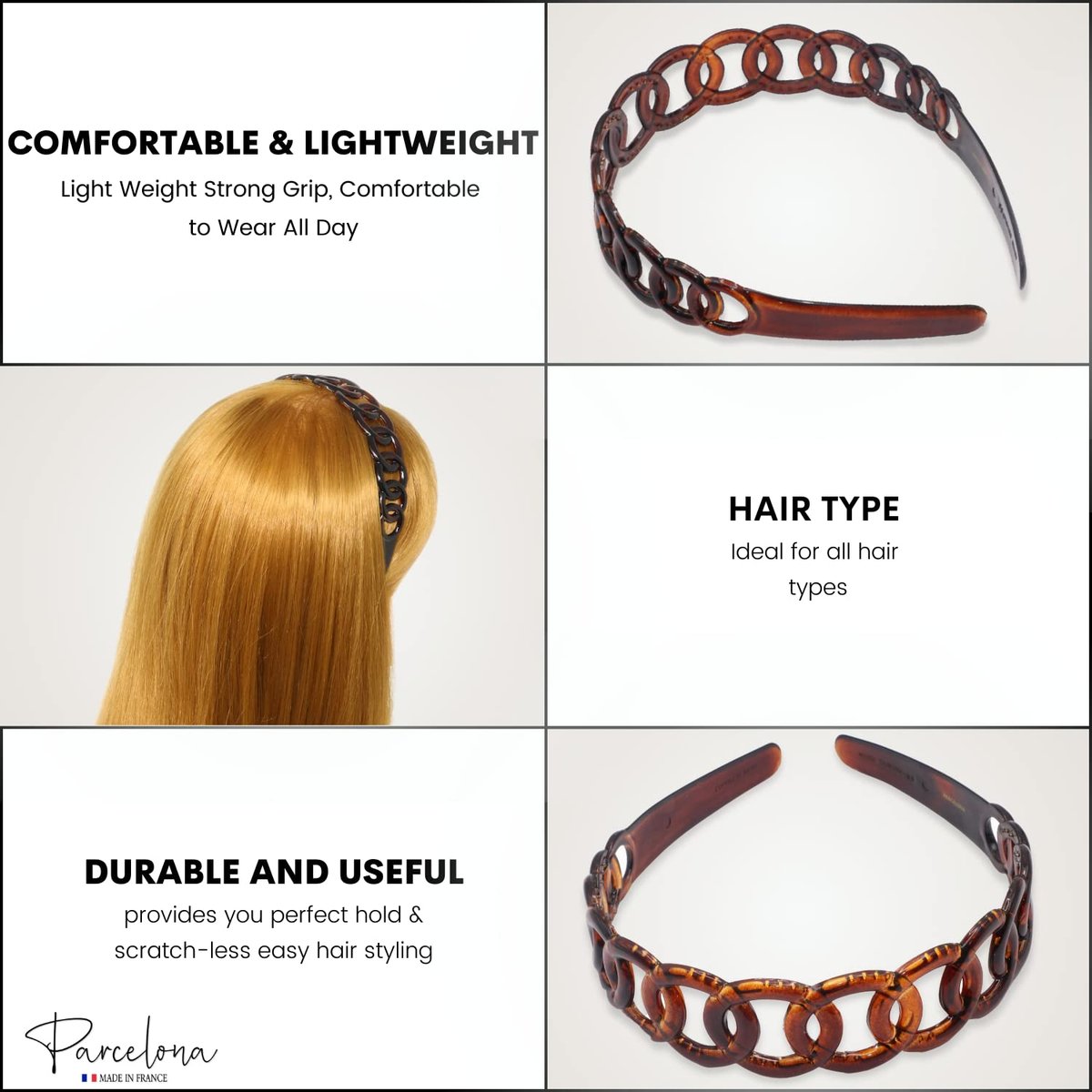 Parcelona French Round Chain Tortoise Shell Hair Clip - Brown Celluloid Acetate, No Slip, Sturdy and Durable Hair Headband for Women and Girls, Made in France - görsel 7