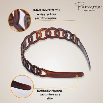 Parcelona French Round Chain Tortoise Shell Hair Clip - Brown Celluloid Acetate, No Slip, Sturdy and Durable Hair Headband for Women and Girls, Made in France