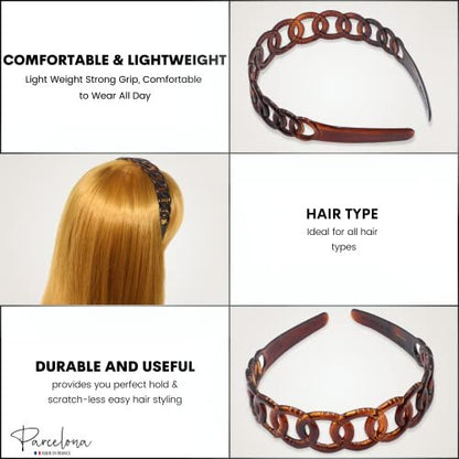 Parcelona French Round Chain Tortoise Shell Hair Clip - Brown Celluloid Acetate, No Slip, Sturdy and Durable Hair Headband for Women and Girls, Made in France