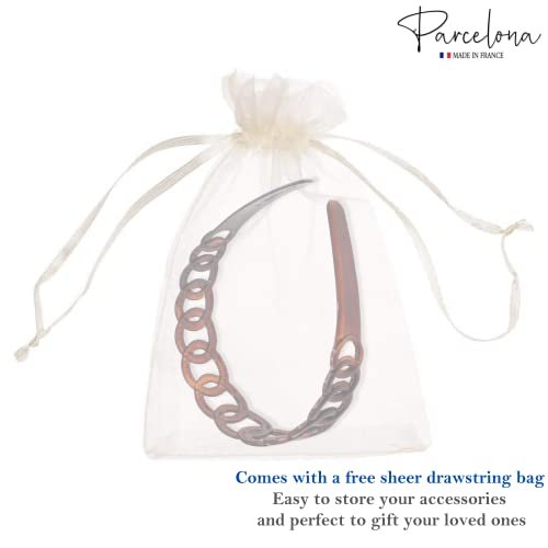 Parcelona French Round Chain Tortoise Shell Hair Clip - Brown Celluloid Acetate, No Slip, Sturdy and Durable Hair Headband for Women and Girls, Made in France - görsel 14