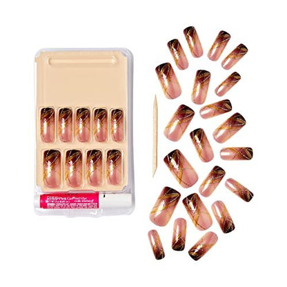 KISS Goldfinger Gel Glam Press on Nails - Dark Brown Glitter French Full Cover, Square Shape, Medium Length, 26-Piece Set with Mini Glue Included