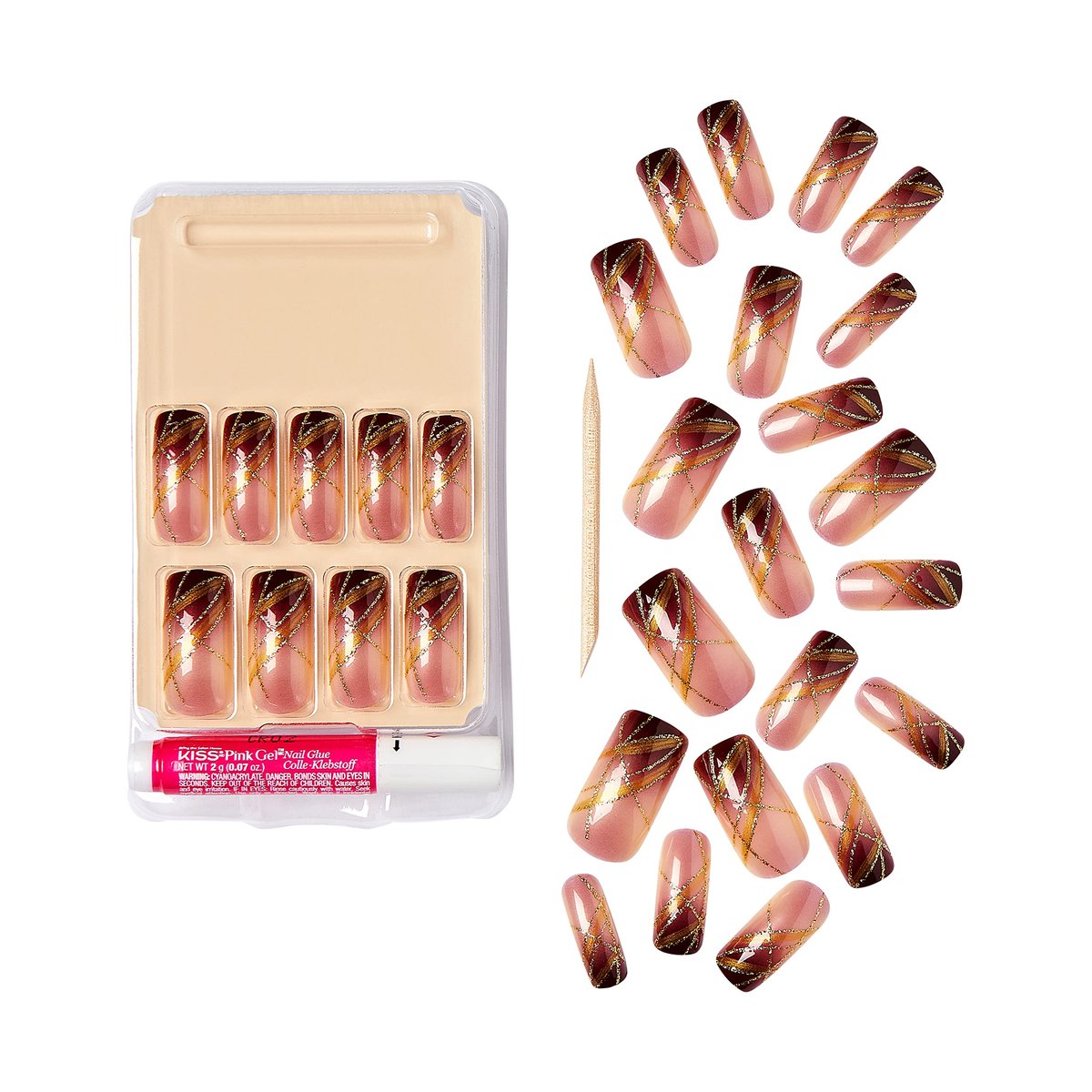 KISS Goldfinger Gel Glam Press on Nails - Dark Brown Glitter French Full Cover, Square Shape, Medium Length, 26-Piece Set with Mini Glue Included - görsel 6