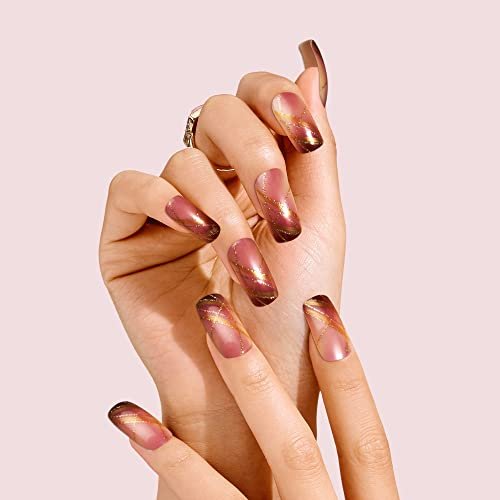 KISS Goldfinger Gel Glam Press on Nails - Dark Brown Glitter French Full Cover, Square Shape, Medium Length, 26-Piece Set with Mini Glue Included - görsel 3