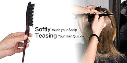 PERFEHAIR 100% Pure Boar Bristle Teasing Hair Brush – Wooden Handle, 3 Row Slim Backcombing Brush, 8.8 inch