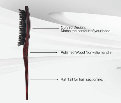 PERFEHAIR 100% Pure Boar Bristle Teasing Hair Brush – Wooden Handle, 3 Row Slim Backcombing Brush, 8.8 inch