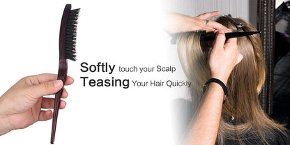 PERFEHAIR 100% Pure Boar Bristle Teasing Hair Brush – Wooden Handle, 3 Row Slim Backcombing Brush, 8.8 inch