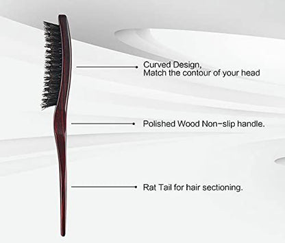 PERFEHAIR 100% Pure Boar Bristle Teasing Hair Brush – Wooden Handle, 3 Row Slim Backcombing Brush, 8.8 inch