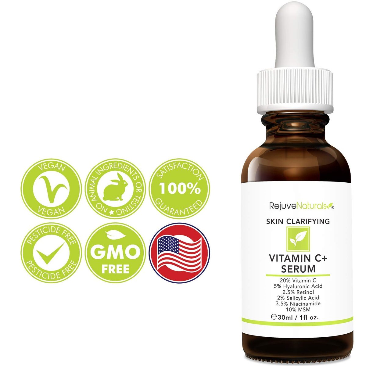 RejuveNaturals Vitamin C Serum Plus Hyaluronic Acid, Retinol, Salicylic Acid, Niacinamide, MSM – Anti-Aging & Skin Clearing Face Serum, 1 oz Avelisse