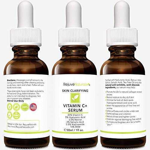 RejuveNaturals Vitamin C Serum Plus Hyaluronic Acid, Retinol, Salicylic Acid, Niacinamide, MSM – Anti-Aging & Skin Clearing Face Serum, 1 oz Avelisse