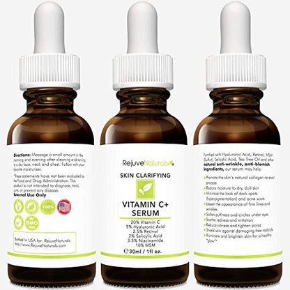 RejuveNaturals Vitamin C Serum Plus Hyaluronic Acid, Retinol, Salicylic Acid, Niacinamide, MSM – Anti-Aging & Skin Clearing Face Serum, 1 oz Avelisse