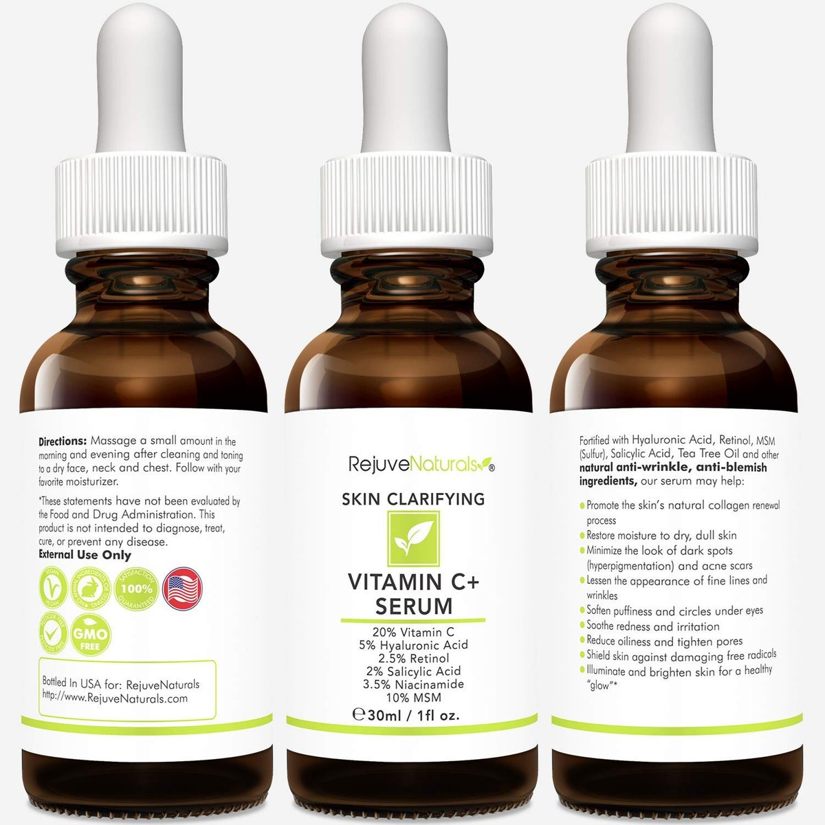 RejuveNaturals Vitamin C Serum Plus Hyaluronic Acid, Retinol, Salicylic Acid, Niacinamide, MSM – Anti-Aging & Skin Clearing Face Serum, 1 oz Avelisse