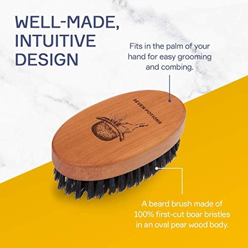 Seven Potions Beard Brush for Men – 100% First Cut Boar Bristles, Pear Wood Handle, Firm Bristles to Tame and Soften Facial Hair Avelisse