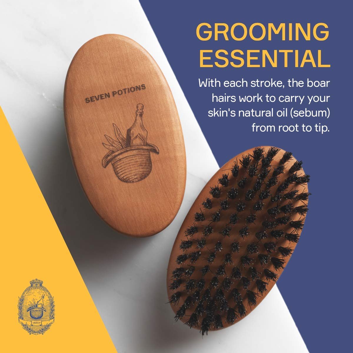 Seven Potions Beard Brush for Men – 100% First Cut Boar Bristles, Pear Wood Handle, Firm Bristles to Tame and Soften Facial Hair Avelisse