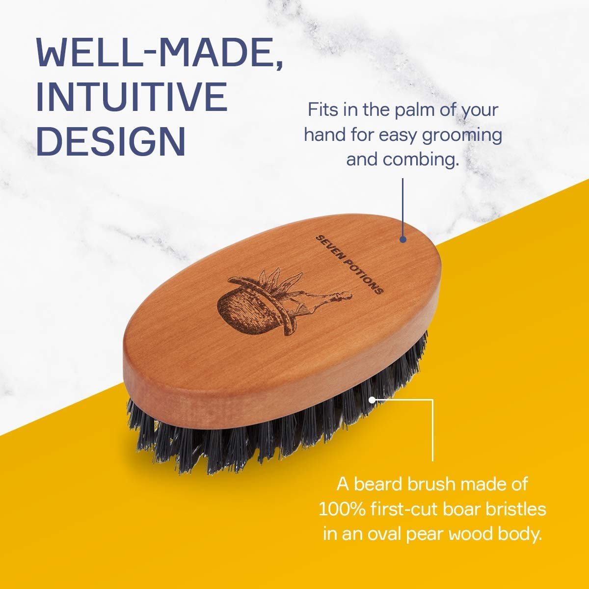 Seven Potions Beard Brush for Men – 100% First Cut Boar Bristles, Pear Wood Handle, Firm Bristles to Tame and Soften Facial Hair Avelisse