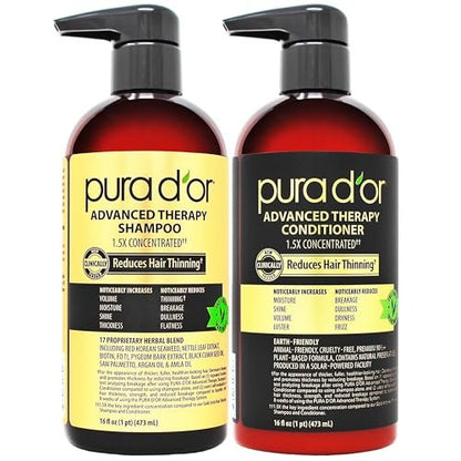 PURA D'OR Advanced Therapy Biotin Shampoo & Conditioner Set for Hair Thinning - Clinically Tested, Herbal Hair Thickening for Women & Men, 16 oz Each Avelisse
