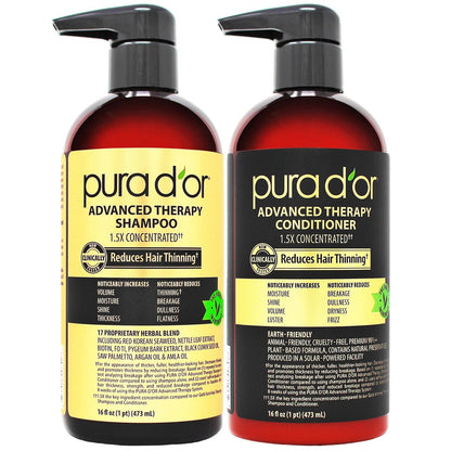 PURA D'OR Advanced Therapy Biotin Shampoo & Conditioner Set for Hair Thinning - Clinically Tested, Herbal Hair Thickening for Women & Men, 16 oz Each Avelisse