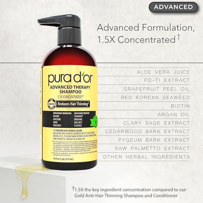 PURA D'OR Advanced Therapy Biotin Shampoo & Conditioner Set for Hair Thinning - Clinically Tested, Herbal Hair Thickening for Women & Men, 16 oz Each Avelisse