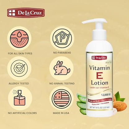 De La Cruz Vitamin E Lotion for Dry Skin - 12,000 IU with Avocado Oil, Almond Oil & Aloe Vera - Moisturizing Body & Face Lotion for All Skin Types - 8 FL OZ, Made in USA