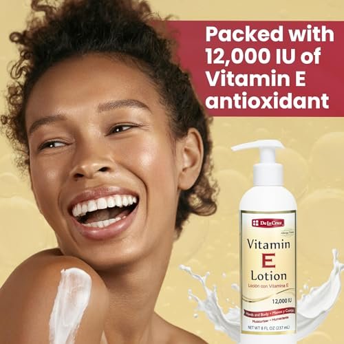 De La Cruz Vitamin E Lotion for Dry Skin - 12,000 IU with Avocado Oil, Almond Oil & Aloe Vera - Moisturizing Body & Face Lotion for All Skin Types - 8 FL OZ, Made in USA - görsel 6