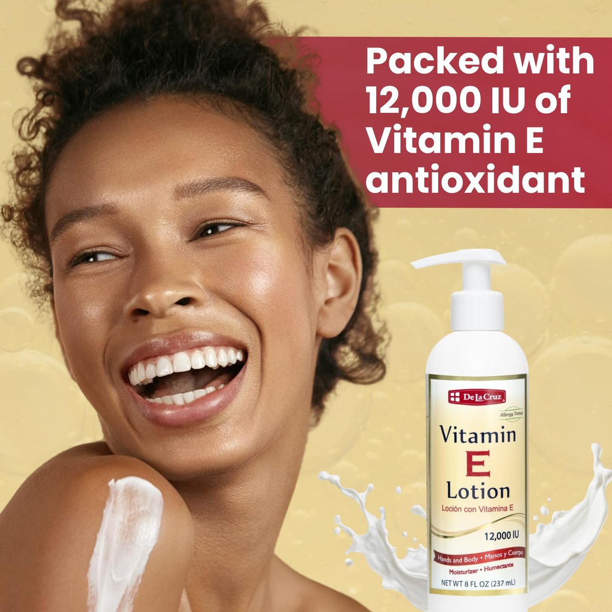 De La Cruz Vitamin E Lotion for Dry Skin - 12,000 IU with Avocado Oil, Almond Oil & Aloe Vera - Moisturizing Body & Face Lotion for All Skin Types - 8 FL OZ, Made in USA - görsel 5