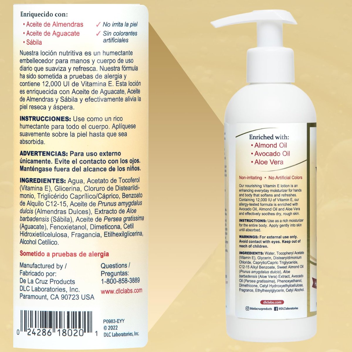 De La Cruz Vitamin E Lotion for Dry Skin - 12,000 IU with Avocado Oil, Almond Oil & Aloe Vera - Moisturizing Body & Face Lotion for All Skin Types - 8 FL OZ, Made in USA - görsel 11