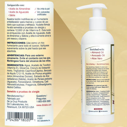 De La Cruz Vitamin E Lotion for Dry Skin - 12,000 IU with Avocado Oil, Almond Oil & Aloe Vera - Moisturizing Body & Face Lotion for All Skin Types - 8 FL OZ, Made in USA