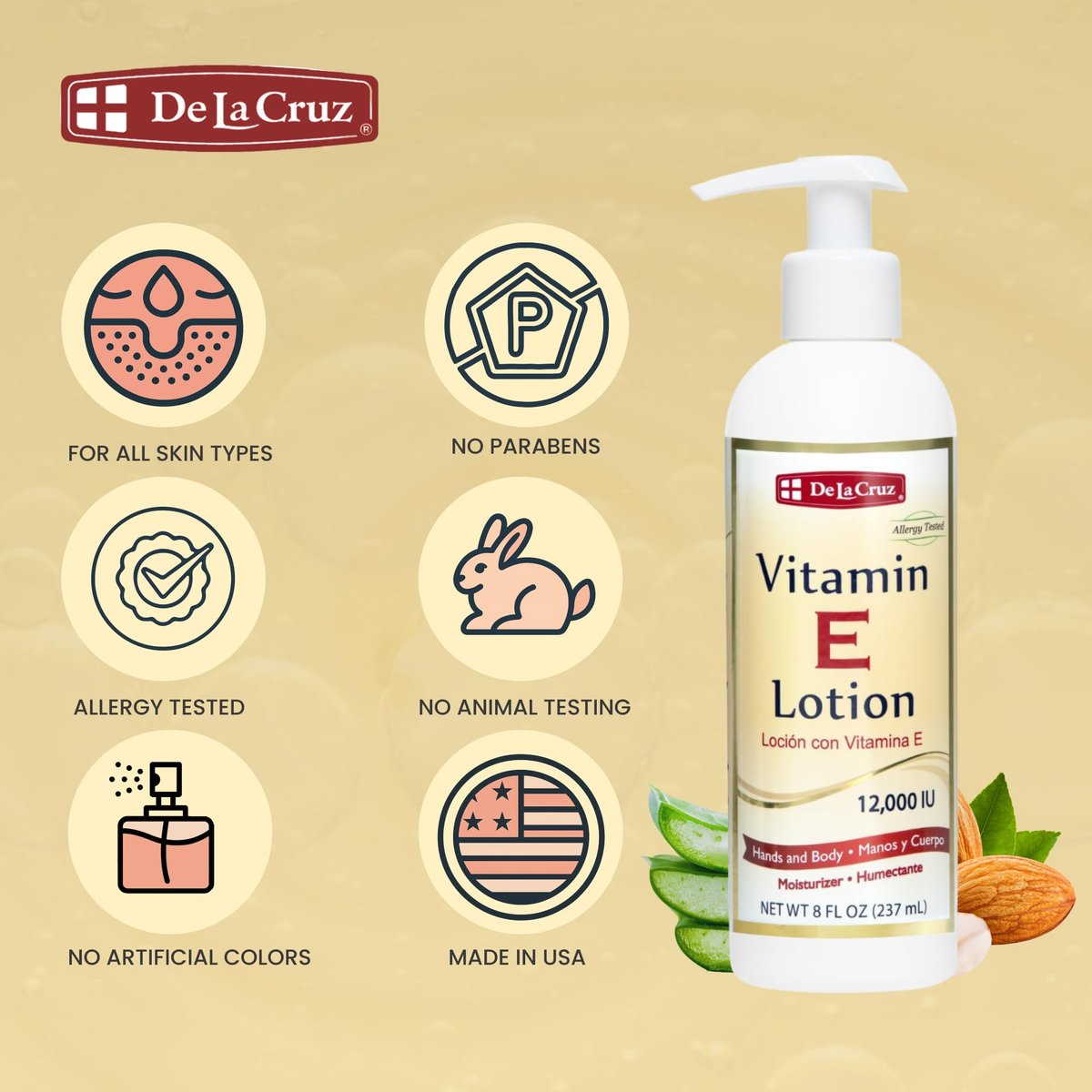 De La Cruz Vitamin E Lotion for Dry Skin - 12,000 IU with Avocado Oil, Almond Oil & Aloe Vera - Moisturizing Body & Face Lotion for All Skin Types - 8 FL OZ, Made in USA - görsel 9
