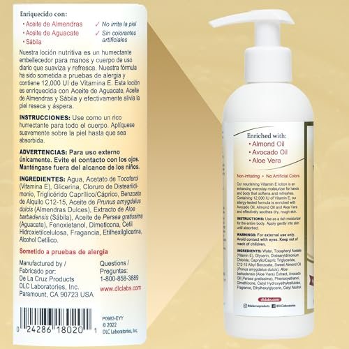 De La Cruz Vitamin E Lotion for Dry Skin - 12,000 IU with Avocado Oil, Almond Oil & Aloe Vera - Moisturizing Body & Face Lotion for All Skin Types - 8 FL OZ, Made in USA - görsel 12
