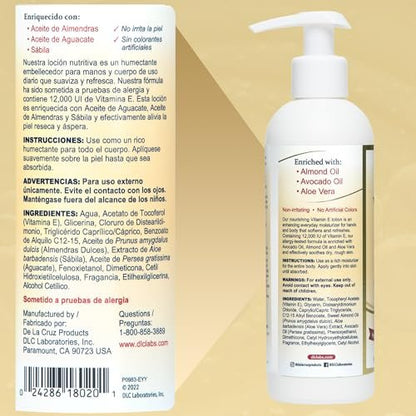 De La Cruz Vitamin E Lotion for Dry Skin - 12,000 IU with Avocado Oil, Almond Oil & Aloe Vera - Moisturizing Body & Face Lotion for All Skin Types - 8 FL OZ, Made in USA