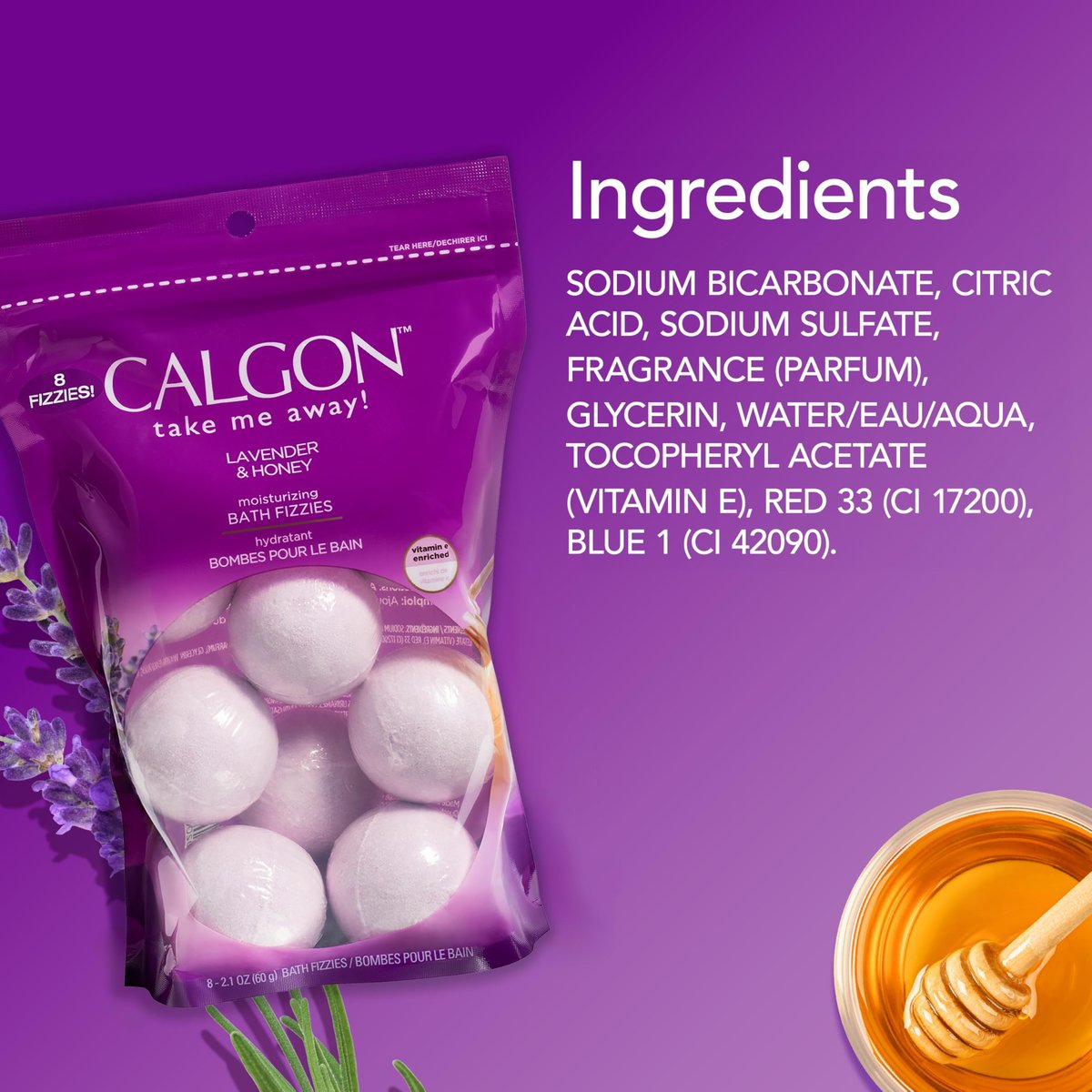 Calgon Bath Fizzies Lavender & Honey - 8 Count Relaxing Bath Bombs Avelisse