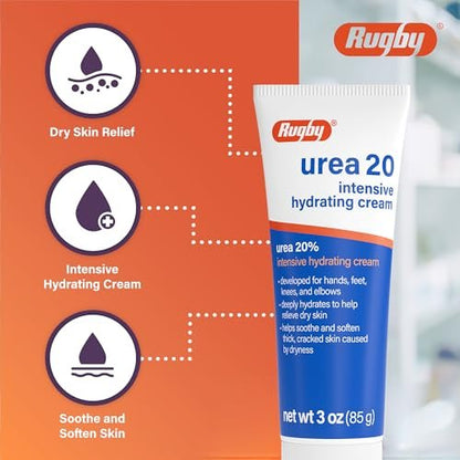Rugby Urea 20% Intensive Hydrating Cream - Deep Moisturizer for Feet, Hands, Knees, and Elbows - 3 oz