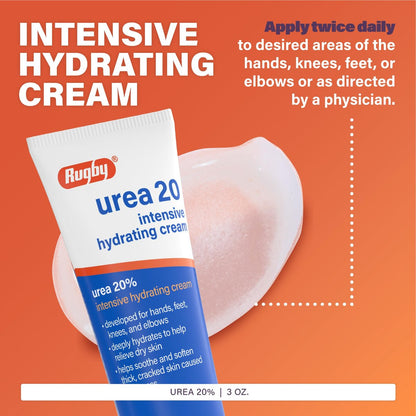 Rugby Urea 20% Intensive Hydrating Cream - Deep Moisturizer for Feet, Hands, Knees, and Elbows - 3 oz
