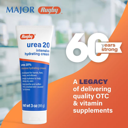Rugby Urea 20% Intensive Hydrating Cream - Deep Moisturizer for Feet, Hands, Knees, and Elbows - 3 oz