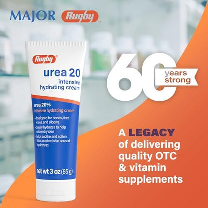 Rugby Urea 20% Intensive Hydrating Cream - Deep Moisturizer for Feet, Hands, Knees, and Elbows - 3 oz