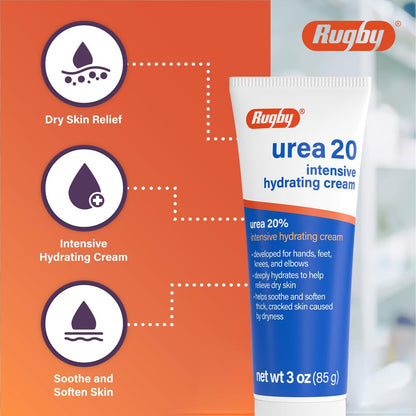 Rugby Urea 20% Intensive Hydrating Cream - Deep Moisturizer for Feet, Hands, Knees, and Elbows - 3 oz