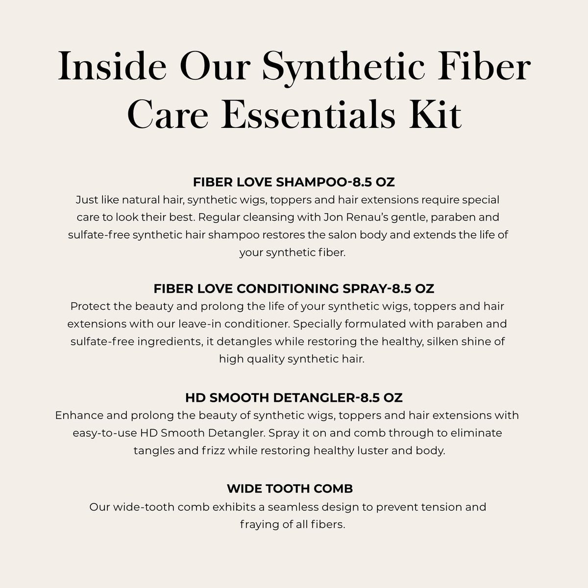 Jon Renau Synthetic Fiber Care Kit: Shampoo & Leave-In Conditioner for Wigs & Hair Extensions – 4 Piece Set with Detangler Spray & Wide Tooth Comb Avelisse