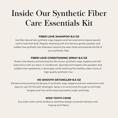 Jon Renau Synthetic Fiber Care Kit: Shampoo & Leave-In Conditioner for Wigs & Hair Extensions – 4 Piece Set with Detangler Spray & Wide Tooth Comb Avelisse