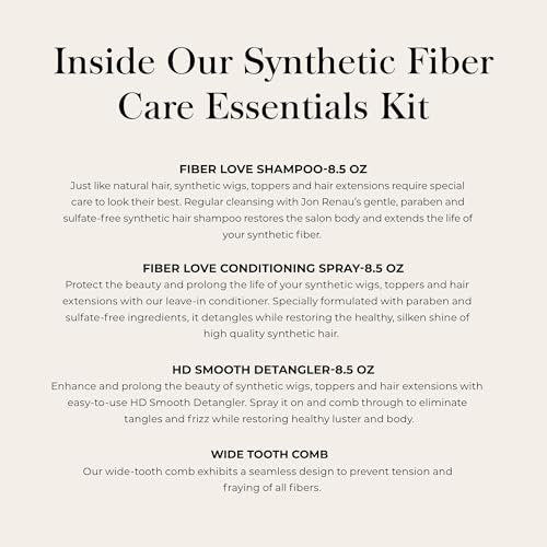 Jon Renau Synthetic Fiber Care Kit: Shampoo & Leave-In Conditioner for Wigs & Hair Extensions – 4 Piece Set with Detangler Spray & Wide Tooth Comb Avelisse