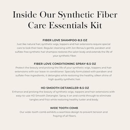 Jon Renau Synthetic Fiber Care Kit: Shampoo & Leave-In Conditioner for Wigs & Hair Extensions – 4 Piece Set with Detangler Spray & Wide Tooth Comb Avelisse
