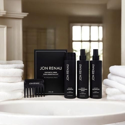 Jon Renau Synthetic Fiber Care Kit: Shampoo & Leave-In Conditioner for Wigs & Hair Extensions – 4 Piece Set with Detangler Spray & Wide Tooth Comb Avelisse