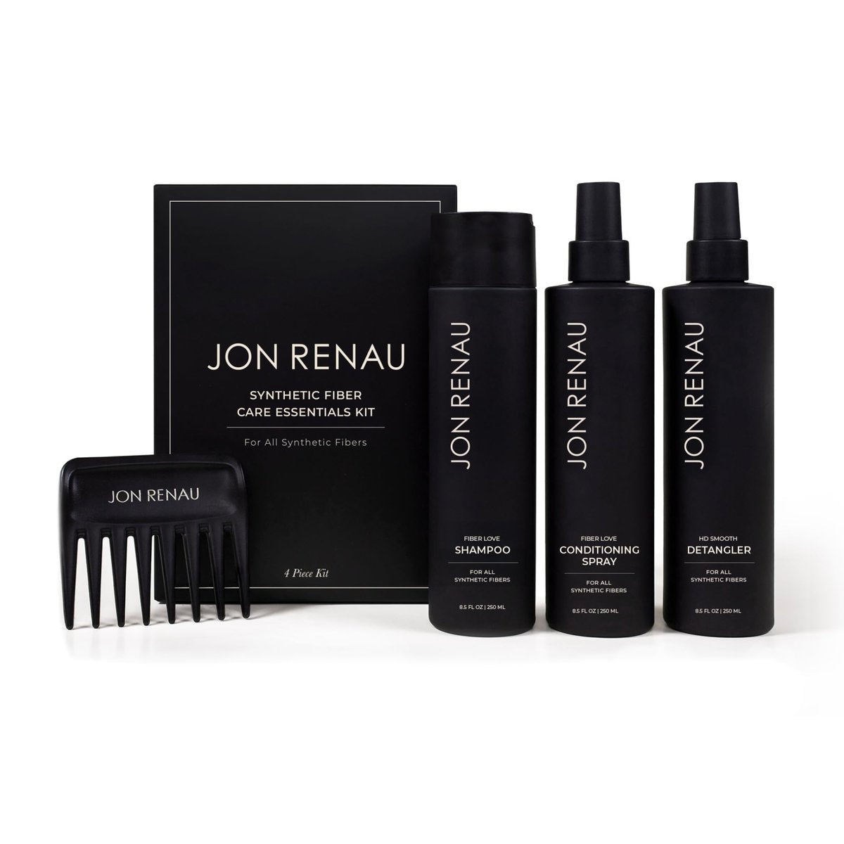 Jon Renau Synthetic Fiber Care Kit: Shampoo & Leave-In Conditioner for Wigs & Hair Extensions – 4 Piece Set with Detangler Spray & Wide Tooth Comb Avelisse