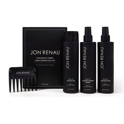 Jon Renau Synthetic Fiber Care Kit: Shampoo & Leave-In Conditioner for Wigs & Hair Extensions – 4 Piece Set with Detangler Spray & Wide Tooth Comb Avelisse