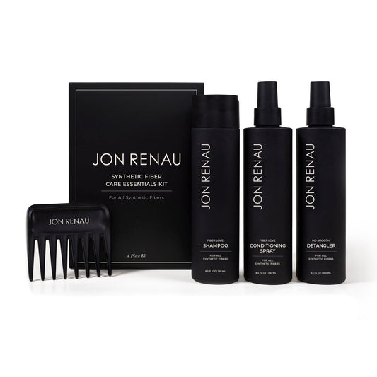 Jon Renau Synthetic Fiber Care Kit: Shampoo & Leave-In Conditioner for Wigs & Hair Extensions – 4 Piece Set with Detangler Spray & Wide Tooth Comb Avelisse