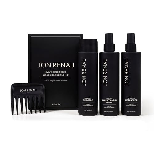 Jon Renau Synthetic Fiber Care Kit: Shampoo & Leave-In Conditioner for Wigs & Hair Extensions – 4 Piece Set with Detangler Spray & Wide Tooth Comb Avelisse