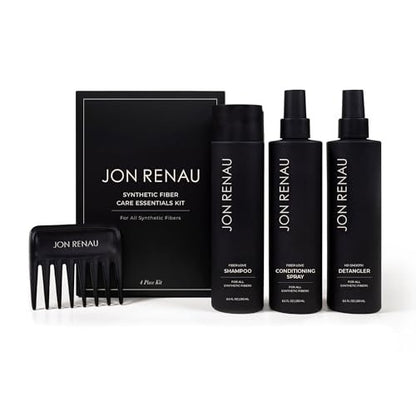 Jon Renau Synthetic Fiber Care Kit: Shampoo & Leave-In Conditioner for Wigs & Hair Extensions – 4 Piece Set with Detangler Spray & Wide Tooth Comb Avelisse