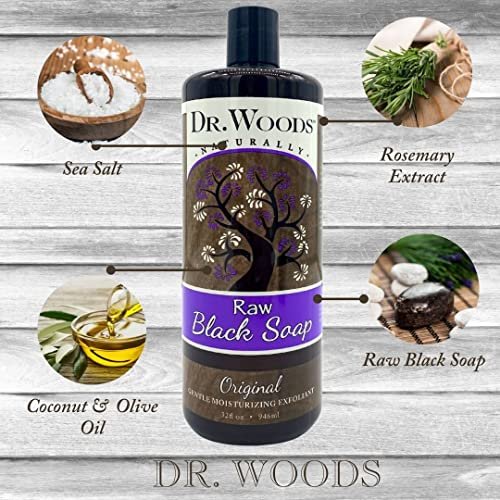 Dr. Woods Raw Liquid Black Soap - Natural Body Wash & Facial Cleanser for Men & Women, Gentle Exfoliant, 32 Fl Oz (Pack of 3) Avelisse